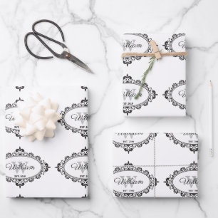 Minimalist Black & White Vintage Damask Monogram Wrapping Paper Sheet