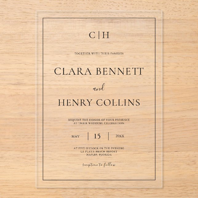 Minimalist Black White Wedding Acrylic Invitation (Front)