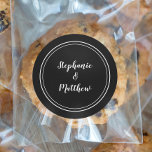 Minimalist Black White Wedding Bride Groom Favour Classic Round Sticker<br><div class="desc">Simple, minimalist and chic Wedding design features bride & groom's names in a modern design with a double framed border in white on a sophisticated black background. The modern design is simple and chic. Personalize wedding details with your names in crisp white script. Be sure to see the collection link...</div>
