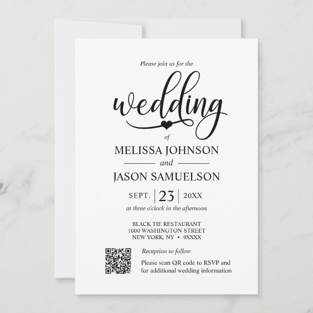 Minimalist Black White Wedding Heart | QR code Invitation (Front)