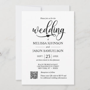 Minimalist Black White Wedding Heart   QR code Invitation