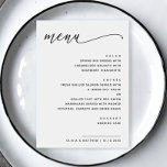 Minimalist Black & White Wedding | Modern Script Menu<br><div class="desc">This minimalist wedding menu features a clean white background with modern black script for the heading and crisp sans serif fonts for the meal details. Displaying each course in a clear, elegant layout, this card adds a stylish touch to any reception table. Fully customizable with your names, wedding date, and...</div>