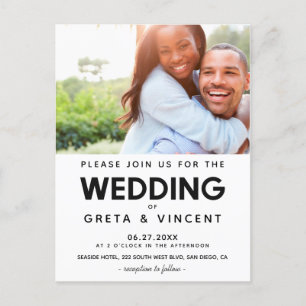 Minimalist Black & white wedding photo Invitation Postcard