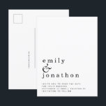 Minimalist Black White Wedding Save the Date Announcement Postcard<br><div class="desc">Minimalist Black White Wedding Save the Date Announcement. Your names are large in stylish lowercase with the details beneath and lots of white space for a contemporary style. Easily personalise the text to your own details.</div>