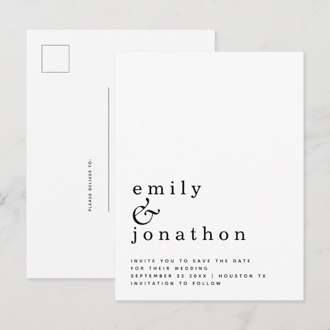 Minimalist Black White Wedding Save the Date Announcement Postcard (Front/Back)