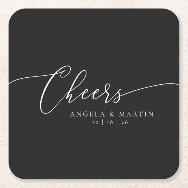 Minimalist Black White Wedding Square Square Paper Coaster (Front)