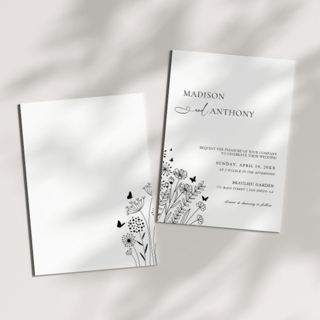 Minimalist Black White Wildflower Wedding Invitation (Creator Uploaded)