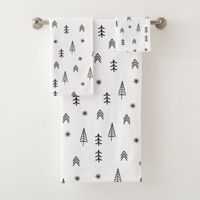 Minimalist Black & White Winter Forest Pattern Bath Towel Set (Insitu)