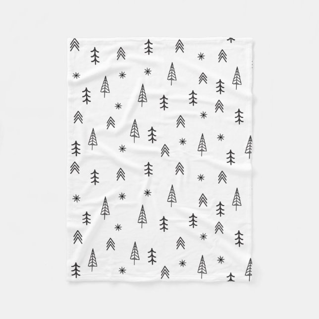 Minimalist Black & White Winter Forest Pattern Fleece Blanket (Front)
