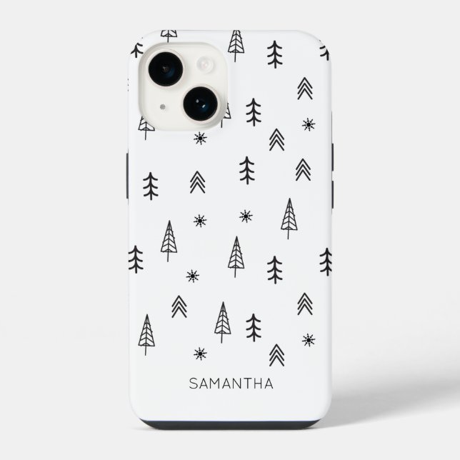 Minimalist Black White Winter Forest Pattern Name iPhone Case (Back)