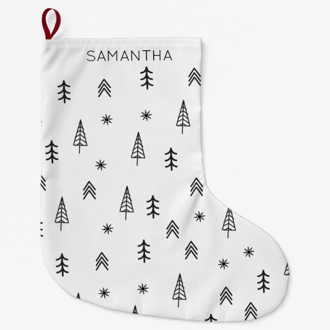 Minimalist Black White Winter Forest Pattern Name Large Christmas Stocking (Front)