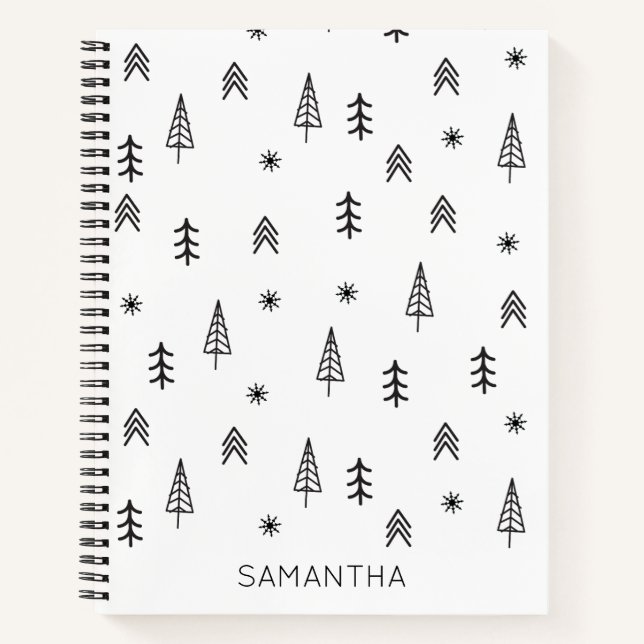 Minimalist Black White Winter Forest Pattern Name Notebook (Front)