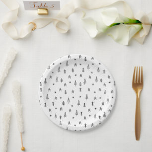 Minimalist Black & White Winter Forest Pattern Paper Plate