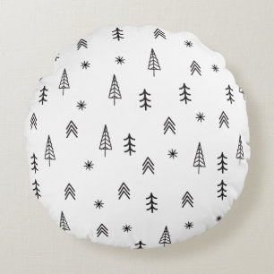 Minimalist Black & White Winter Forest Pattern Round Pillow