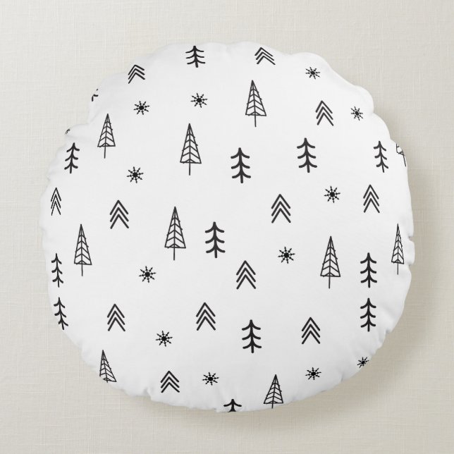 Minimalist Black & White Winter Forest Pattern Round Pillow (Front)