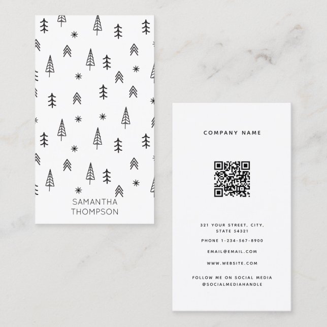 Minimalist Black White Winter Forest QR Code Business Card (Front/Back)
