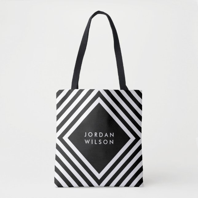 Minimalist Black with White Square Lines Geometric Tote Bag (Front)