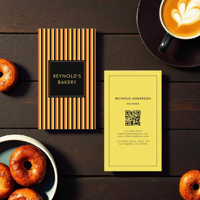 Minimalist Black & Yellow Stripes Bakery QR Code  Business Card (Creator Uploaded)