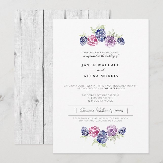 Minimalist Blackberry Watercolor | Elegant Wedding Invitation (Front/Back)