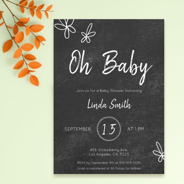 Minimalist Blackboard Floral Neutral Baby Shower Invitation (Creator Uploaded)