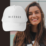Minimalist BLESSED Text White Trucker Hat<br><div class="desc">Simple MINIMALIST Blessed Text. Wear your Christian faith message. Customize it with the colour/font of your choice. Modern black lettering in all caps.</div>