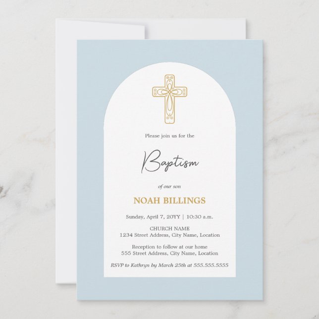 Minimalist Blue and Gold Cross Baptism Invitation (Front)