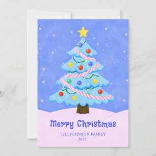 Minimalist Blue and Pink Christmas Tree Holiday Card