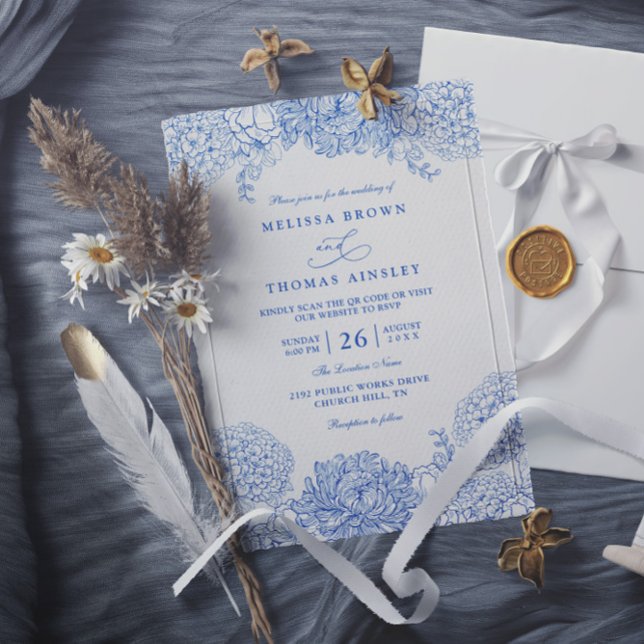 Minimalist Blue and White Elegant QR Code Wedding Invitation (Creator Uploaded)