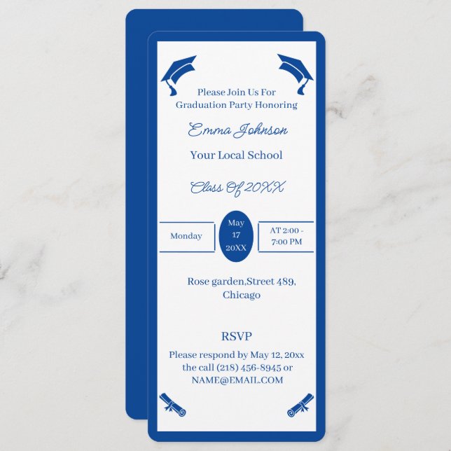 Minimalist Blue And White Personalized Graduation Invitation (Front/Back)