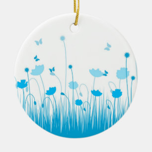 Minimalist Blue and White Poppies Meadow Floral Ceramic Ornament