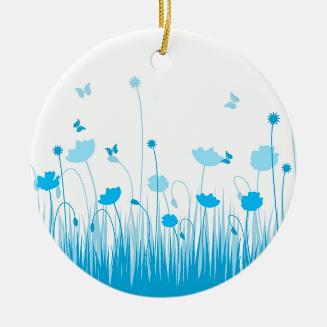 Minimalist Blue and White Poppies Meadow Floral Ceramic Ornament (Front)