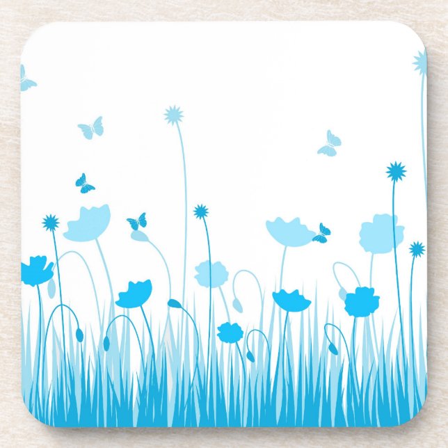 Minimalist Blue and White Poppies Meadow Floral Coaster (Front)