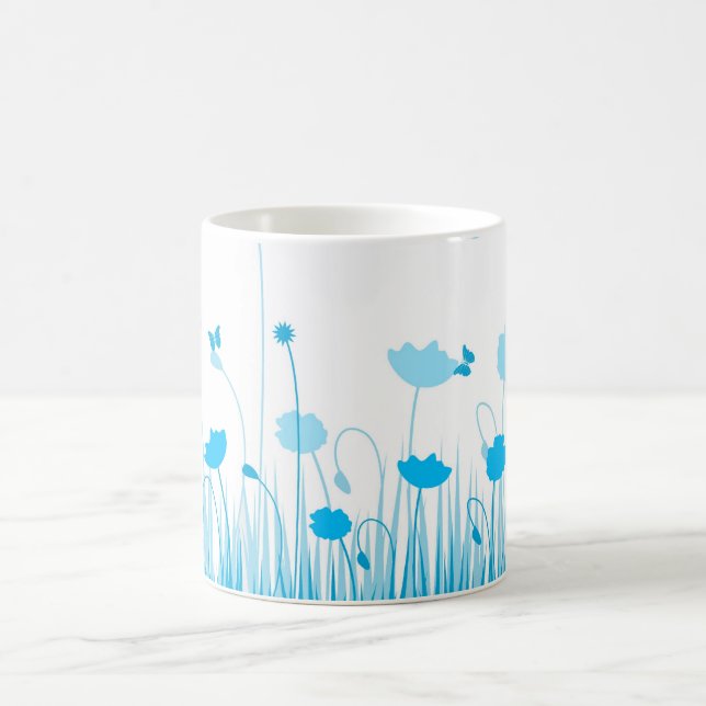 Minimalist Blue and White Poppies Meadow Floral Coffee Mug (Center)