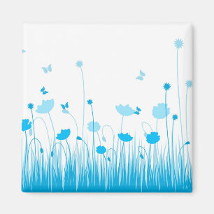 Minimalist Blue and White Poppies Meadow Floral Magnet