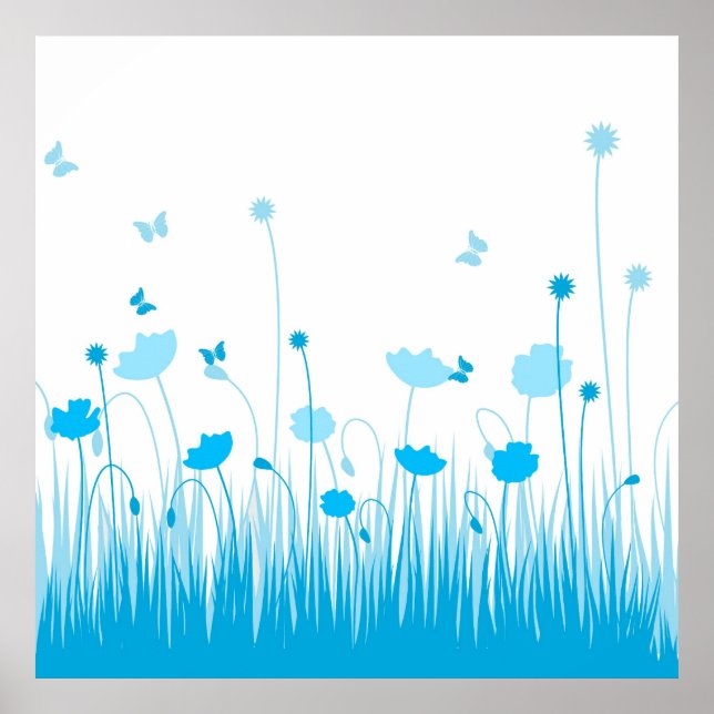 Minimalist Blue and White Poppies Meadow Floral Poster (Front)