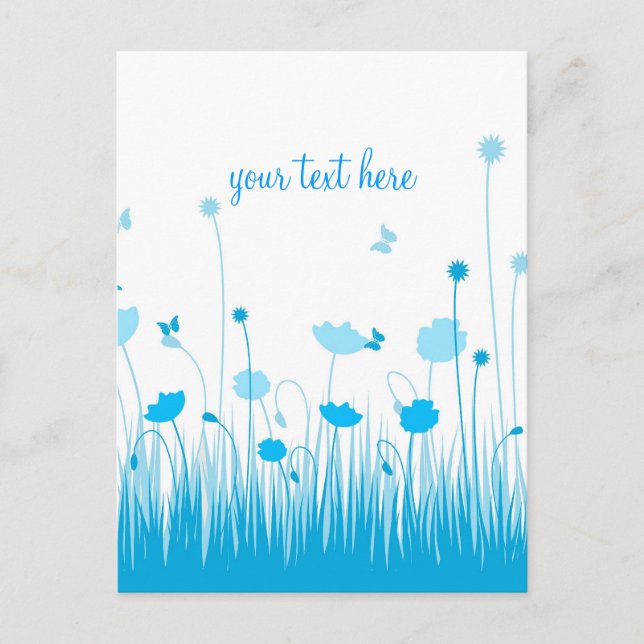Minimalist Blue and White Poppies Meadow Script Postcard (Front)