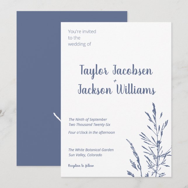 Minimalist Blue and White Wedding Invitation (Front/Back)