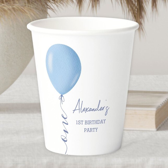 Minimalist Blue Balloon Boy 1st Birthday Paper Cups (Creator Uploaded)