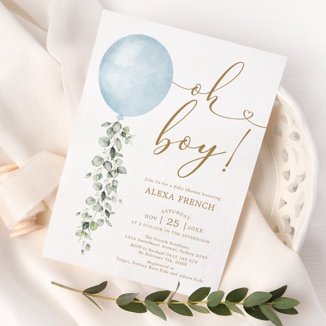 Minimalist Blue Balloon Eucalyptus Boy Baby Shower Invitation (Creator Uploaded)