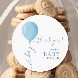 Minimalist Blue Balloon Oh Boy Baby Shower Classic Round Sticker