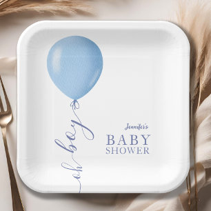 Minimalist Blue Balloon Oh Boy Baby Shower Paper Plate