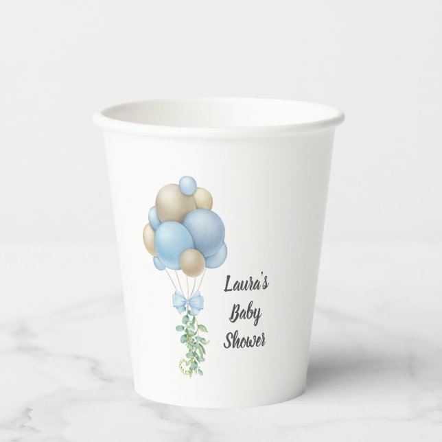 Minimalist Blue Balloons Boy Baby Shower Paper Cups (Front)
