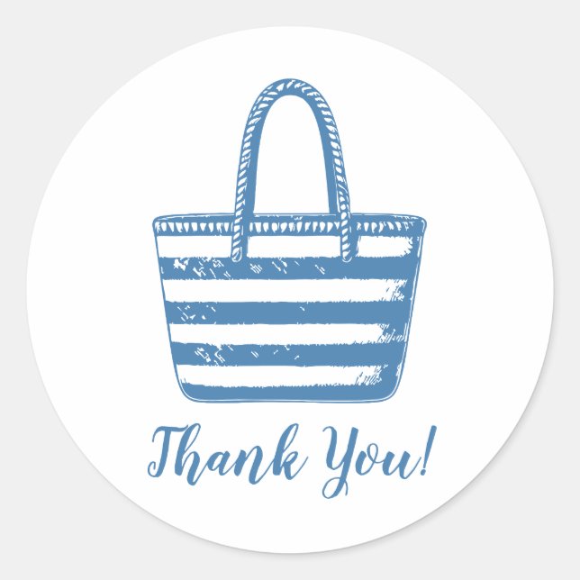 Minimalist Blue Beach Bag Coastal Thank You Classic Round Sticker (Front)