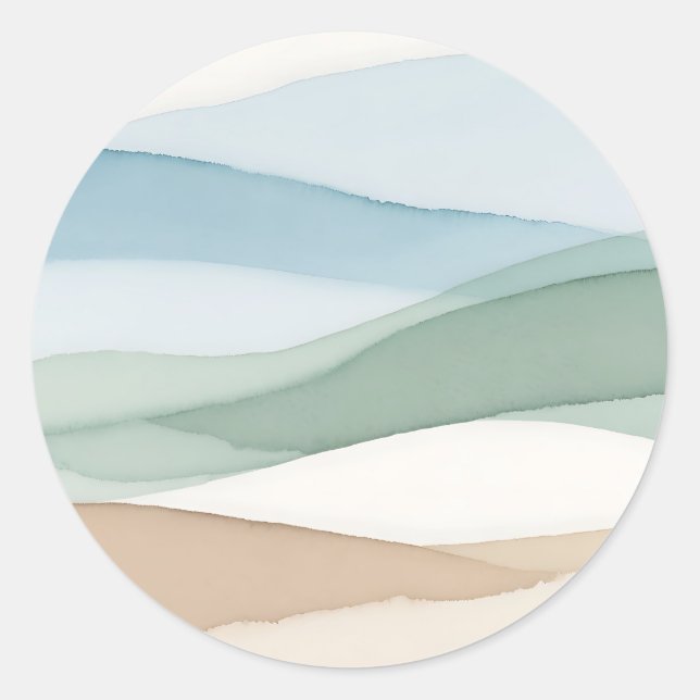 Minimalist Blue Beige Landscape Classic Round Sticker (Front)
