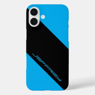 Minimalist Blue/Black Stripe Personalize Name iPhone 16 Plus Case