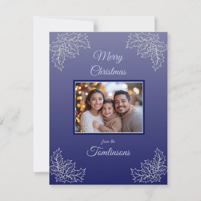 Minimalist Blue Botanical Photo Christmas Holiday Card (Front)