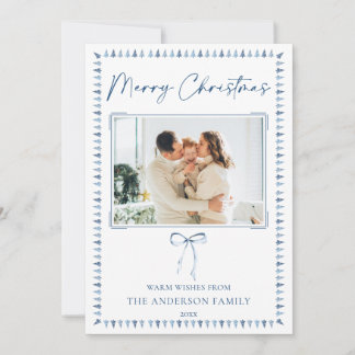 Minimalist Blue Bow Forest Trees Merry Christmas Holiday Card