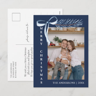 Minimalist Blue Bow Pine Branch Photo Family Holiday Postcard