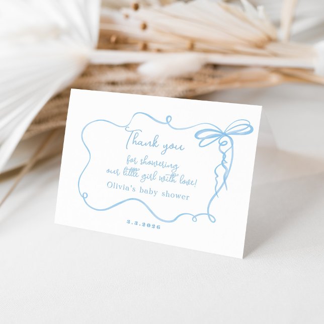 Minimalist blue bow wavy baby shower thank you card (Creator Uploaded)