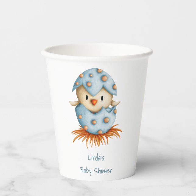 Minimalist Blue Boy Bird Hatching Baby Shower Paper Cups (Front)